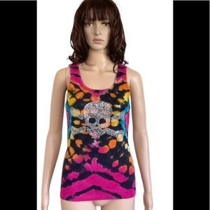 TYE DYE 2 DYE 4 by Fettuccine Y2K Multi-Color Rhinestone Skull Tank Top XL